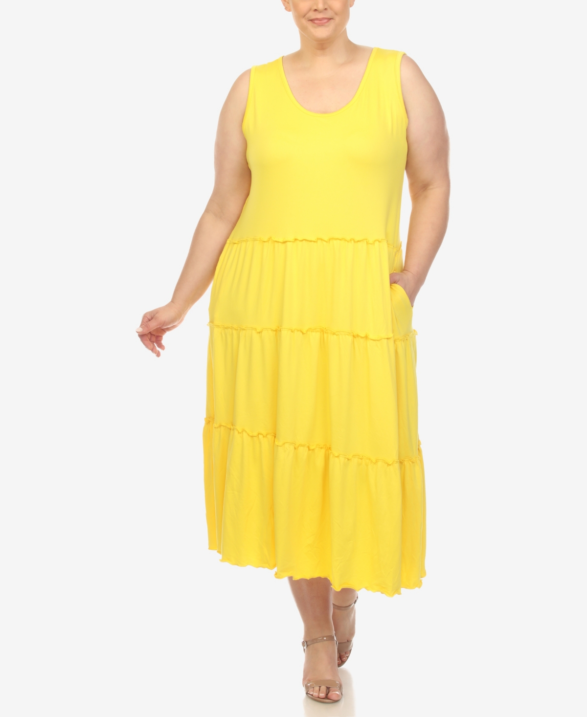White Mark Plus Size Scoop Neck Tiered Midi Dress In Canary Yellow