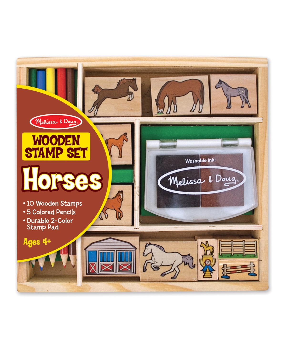 Melissa & Doug Wooden Stamp Activity Set: Horse Stable - 10 Stamps, 5 Colored Pencils, 2-Color Stamp Pad - Multi