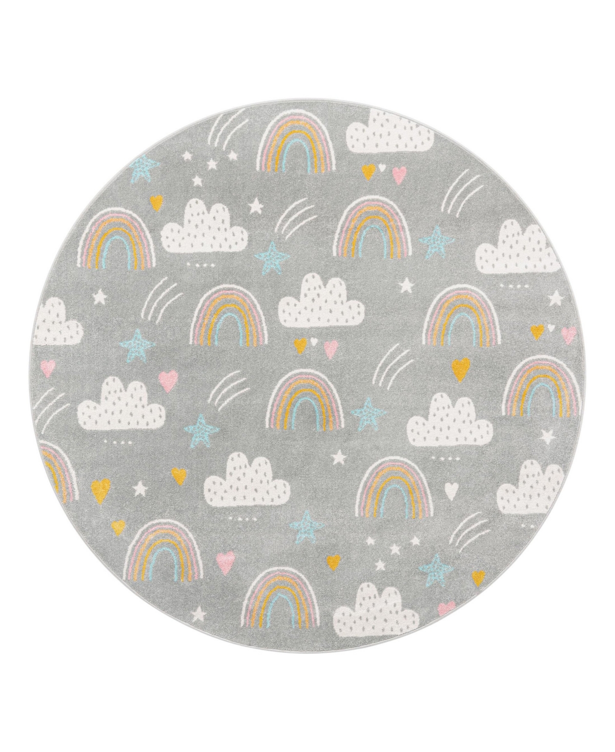 Bayshore Home Campy Kids Rainbow, Stars, And Clouds 7'10" X 7'10" Round Area Rug In Gray