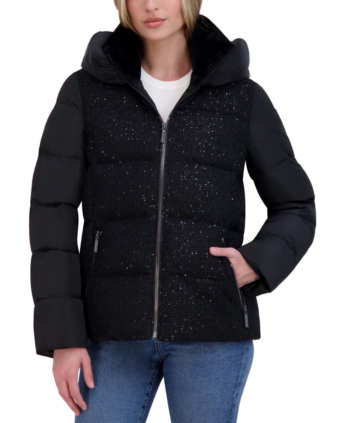 Women's Sparkle Hooded Puffer Coat - Black