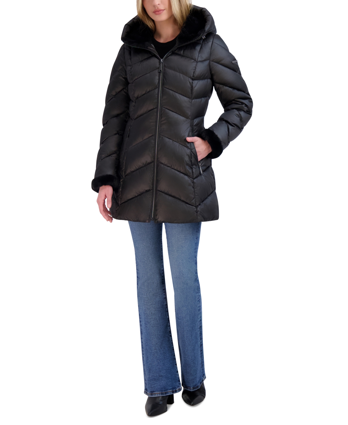 Women's Shine Faux-Fur-Trim Hooded Puffer Coat - Black