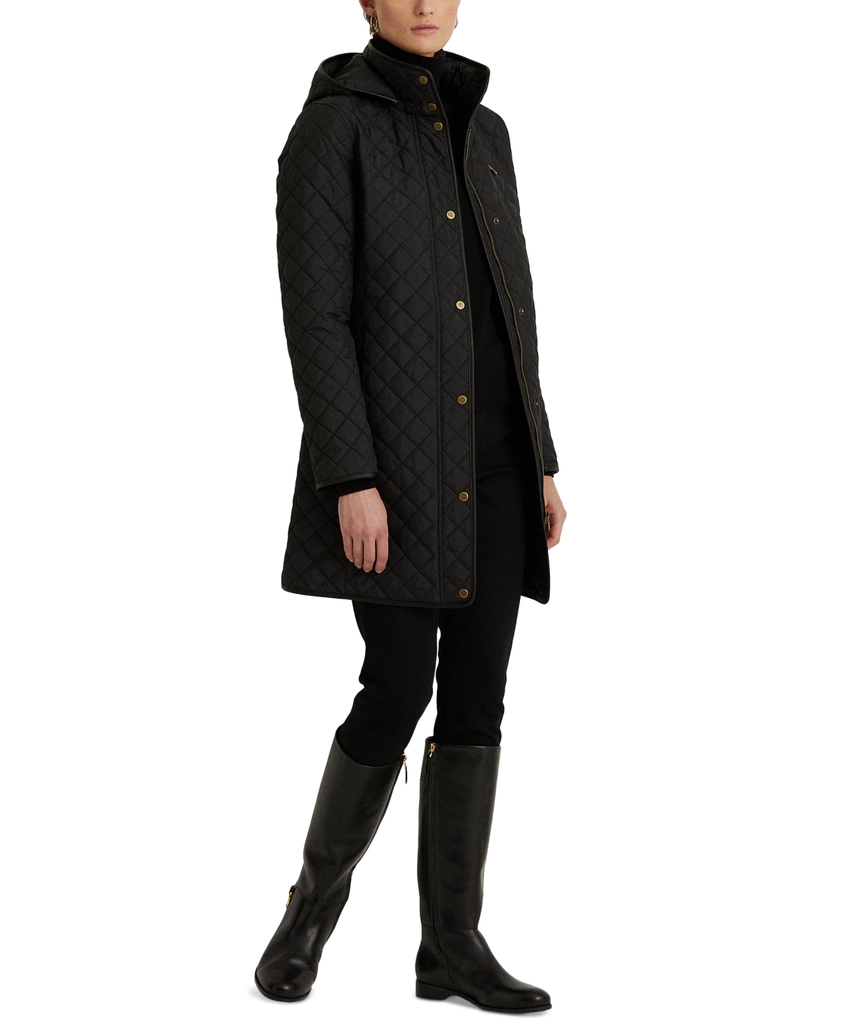 Ralph Lauren Petite Hooded Quilted Faux-suede-trim Coat In Black