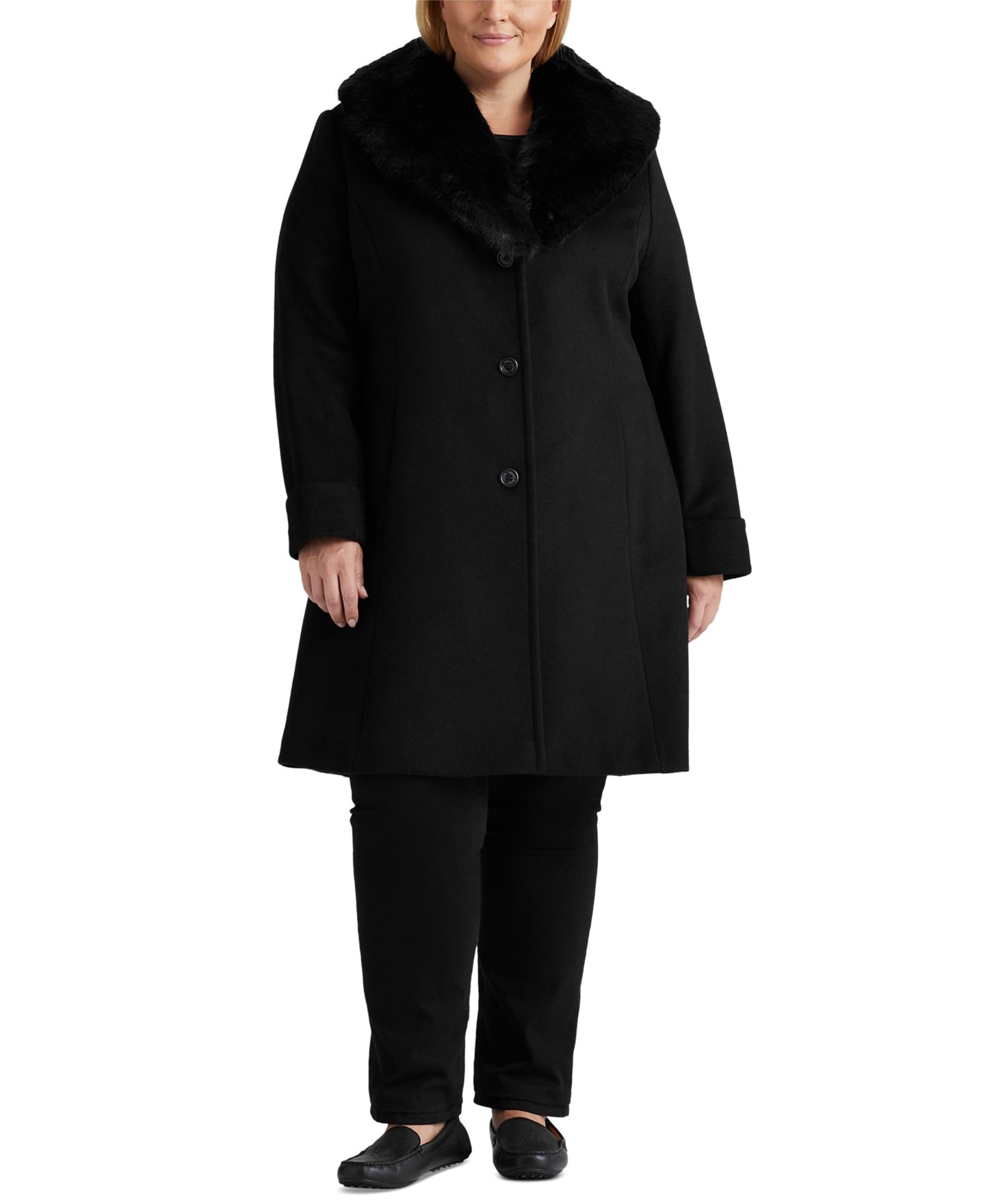 Женское пальто Lauren Ralph Lauren Plus Size Faux-Fur-Collar, цвет: Чёрный — фото 1