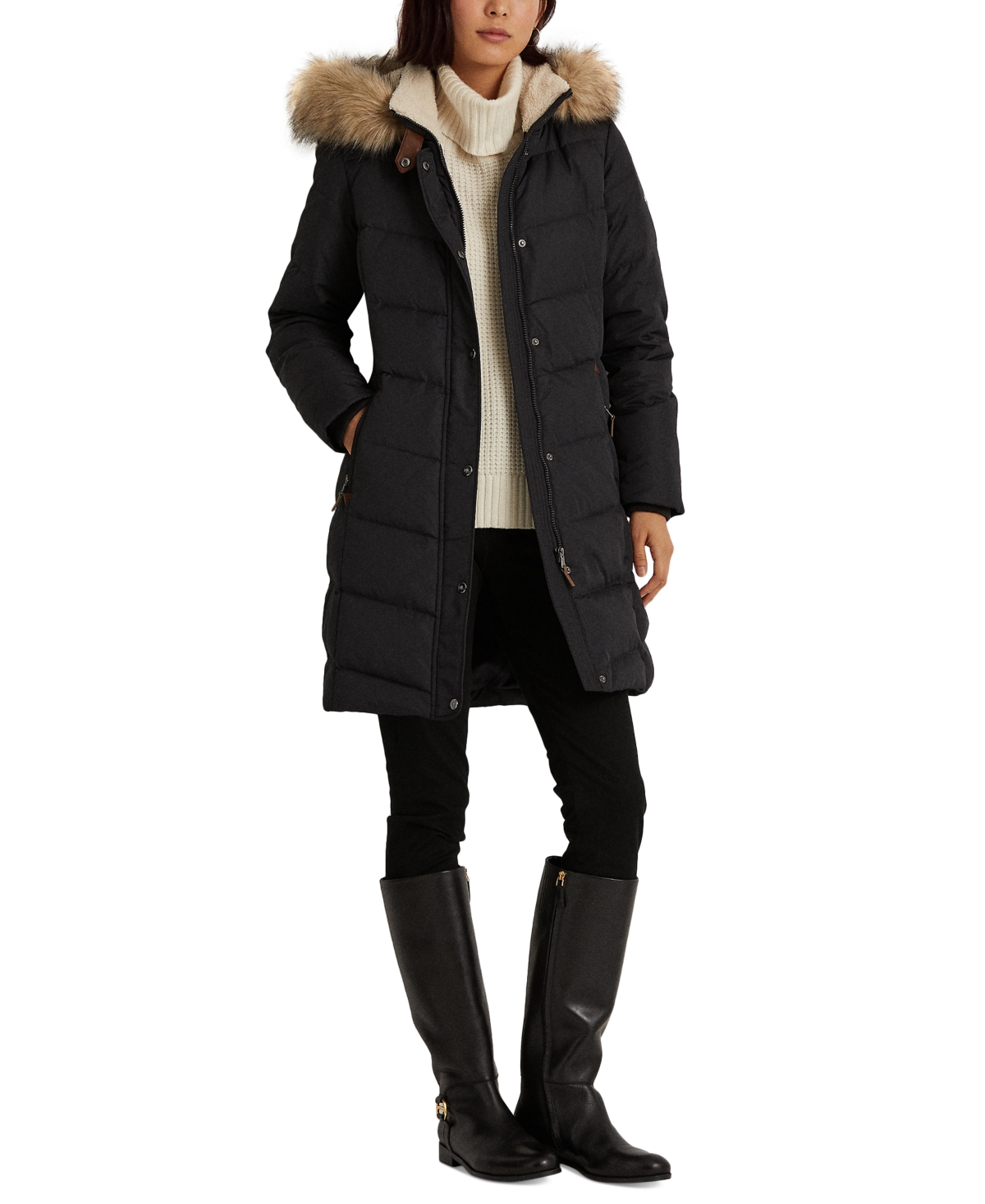 Lauren Ralph Lauren Women's Faux-fur-trim Hooded Puffer Coat, Created For Macy's In Dark Navy