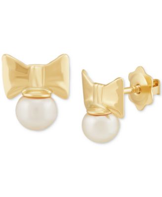 Children's Cultured Freshwater Pearl (3-3/4mm) Bow Stud Earrings in 14k Gold