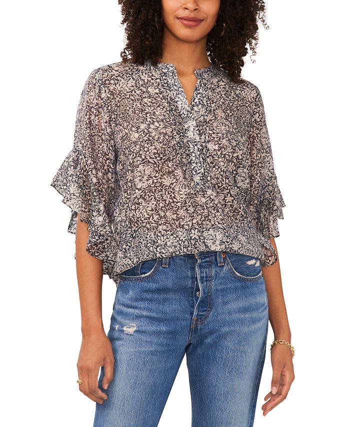 Vince Camuto Women's Printed Pintuck Flutter- Sleeve Blouse - Macy's