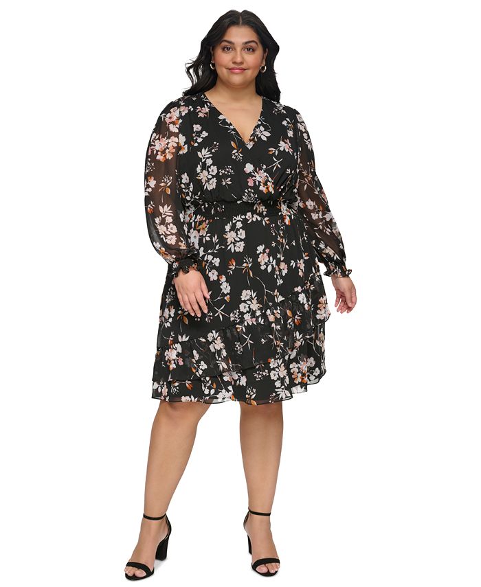 DKNY Plus Size Floral-Print Ruffled Fit & Flare Dress - Macy's