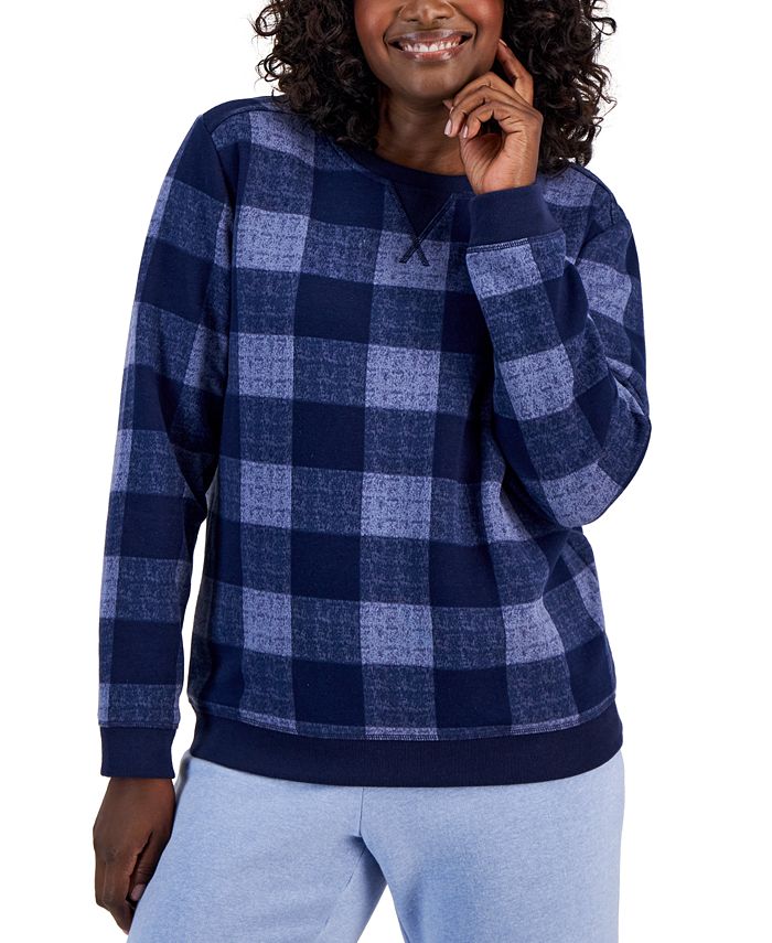 Karen Scott Autumn Check Fleece Crewneck Top Created for Macy s