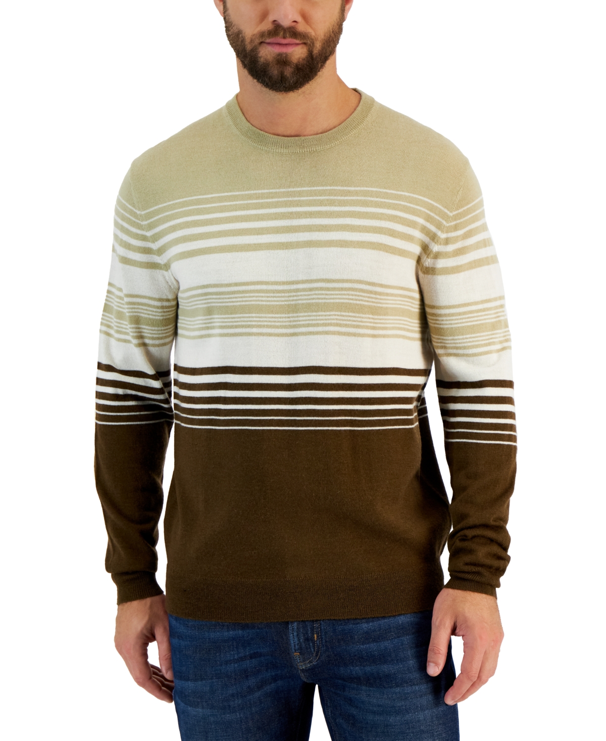 Men's Dylan Merino Striped Long Sleeve Crewneck Sweater, Created for Macy's - Brown Combo
