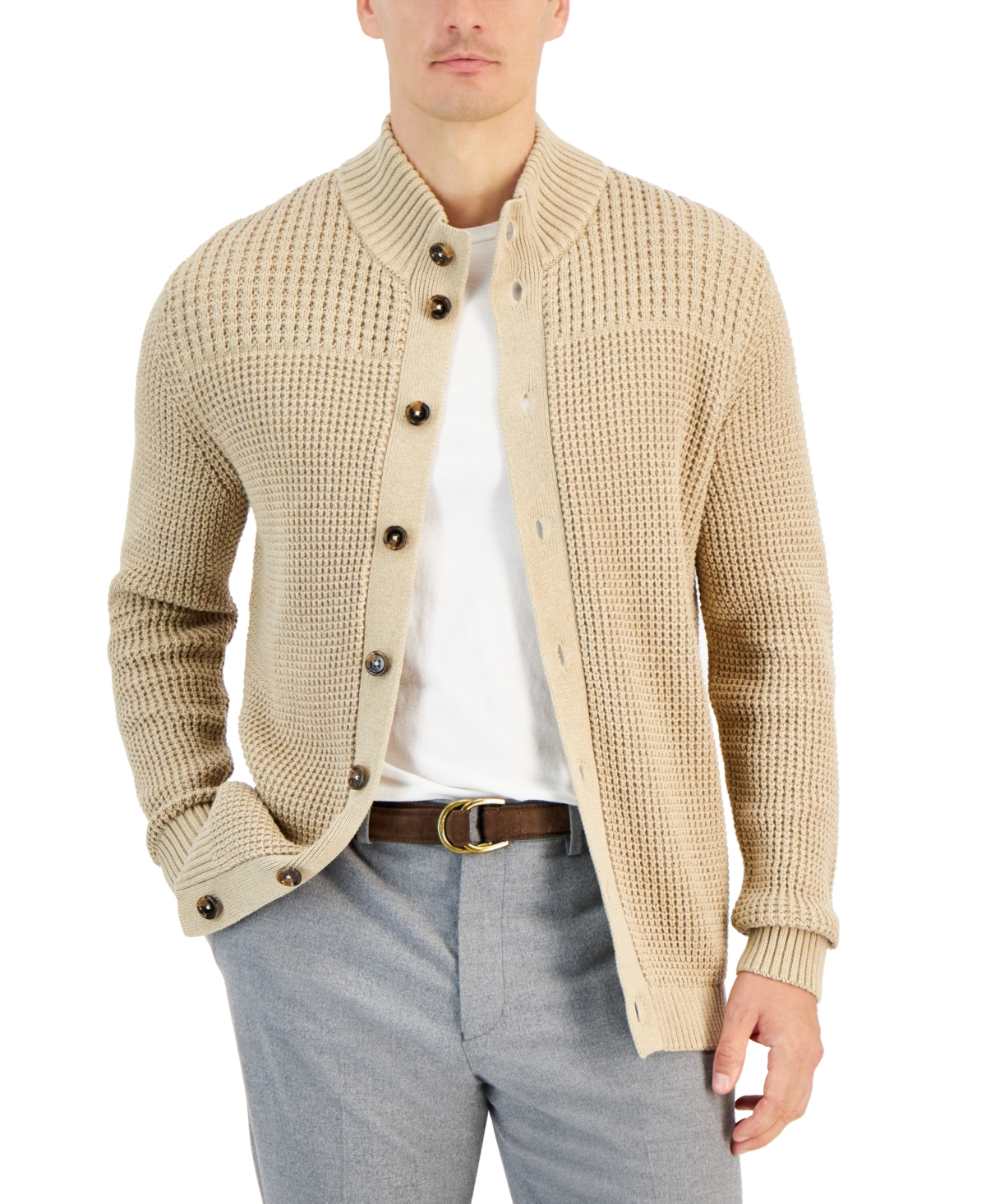 Club Room Men's Chunky Waffle Cardigan, Created For Macy's In Toast Heather