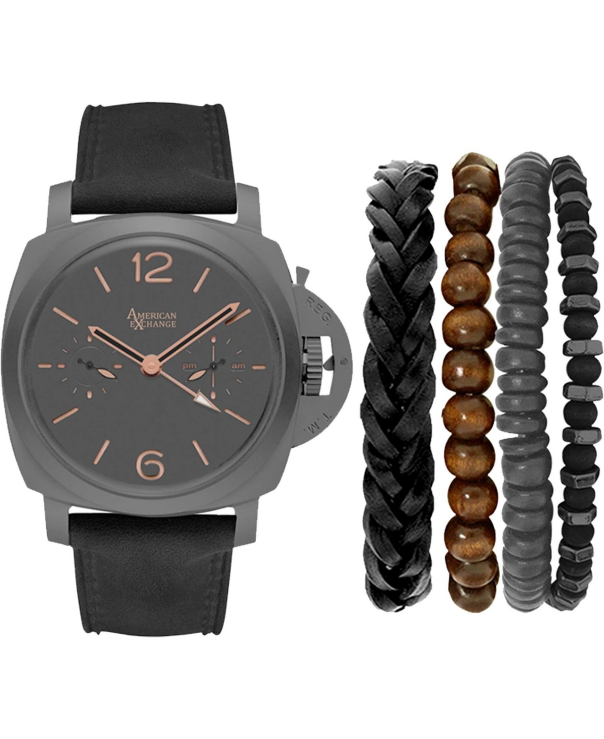 Men's Analog, Three-Hand Quartz Black Leather Strap Watch 44mm x 53mm Gift Set - Black