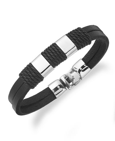 Sutton by Rhona Sutton Men's Stainless Steel Leather Strap Station Bracelet