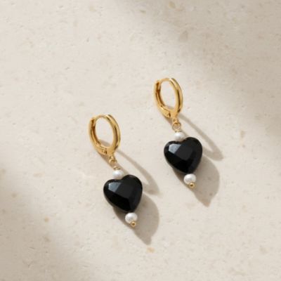 Black Heart Drop Earrings with Freshwater Pearls and Gold Hoops
