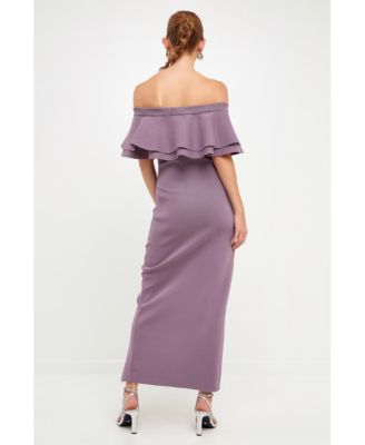 Women's Off the Shoulder Ruffle Maxi Dress with Leg Slit