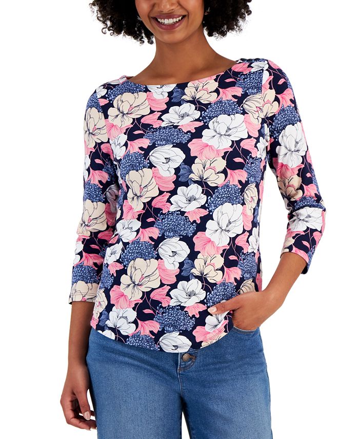 Charter Club Women's 3/4-Sleeve Floral Boatneck Top, Created for Macy's ...