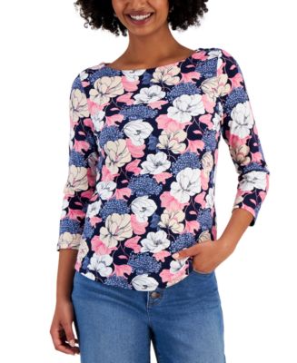 Charter Club Women's 3/4-Sleeve Floral Boatneck Top, Created for Macy's ...
