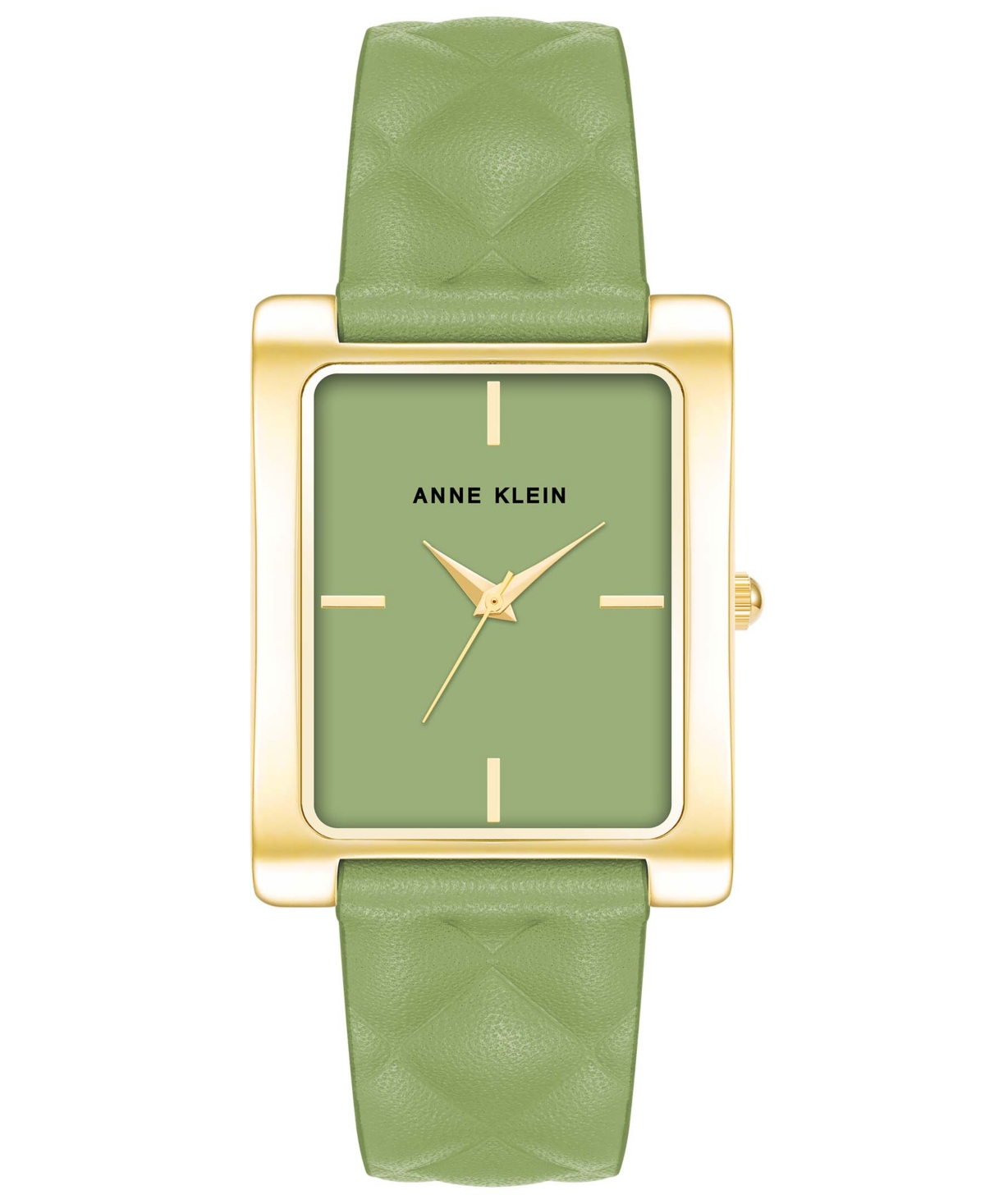 Anne Klein Women's Three Hand Quartz Rectangular Gold-tone Alloy And Green Genuine Leather Strap Watch, 32mm In Gold,green