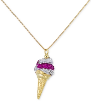 image of Simone I. Smith Pink and Clear Crystal Ice Cream Cone Pendant Necklace in 18k Gold over Sterling Silver