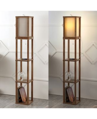 Etagere 63.5" Rustic Bohemian Wooden LED 3-Shelf Floor Lamp with Pull-Chain, USB Charging Port and Smart Bulb