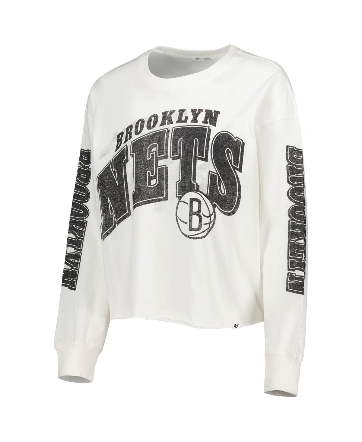 Shop 47 Brand Women's ' Cream Brooklyn Nets Parkway Brush Back Long Sleeve Cropped T-shirt