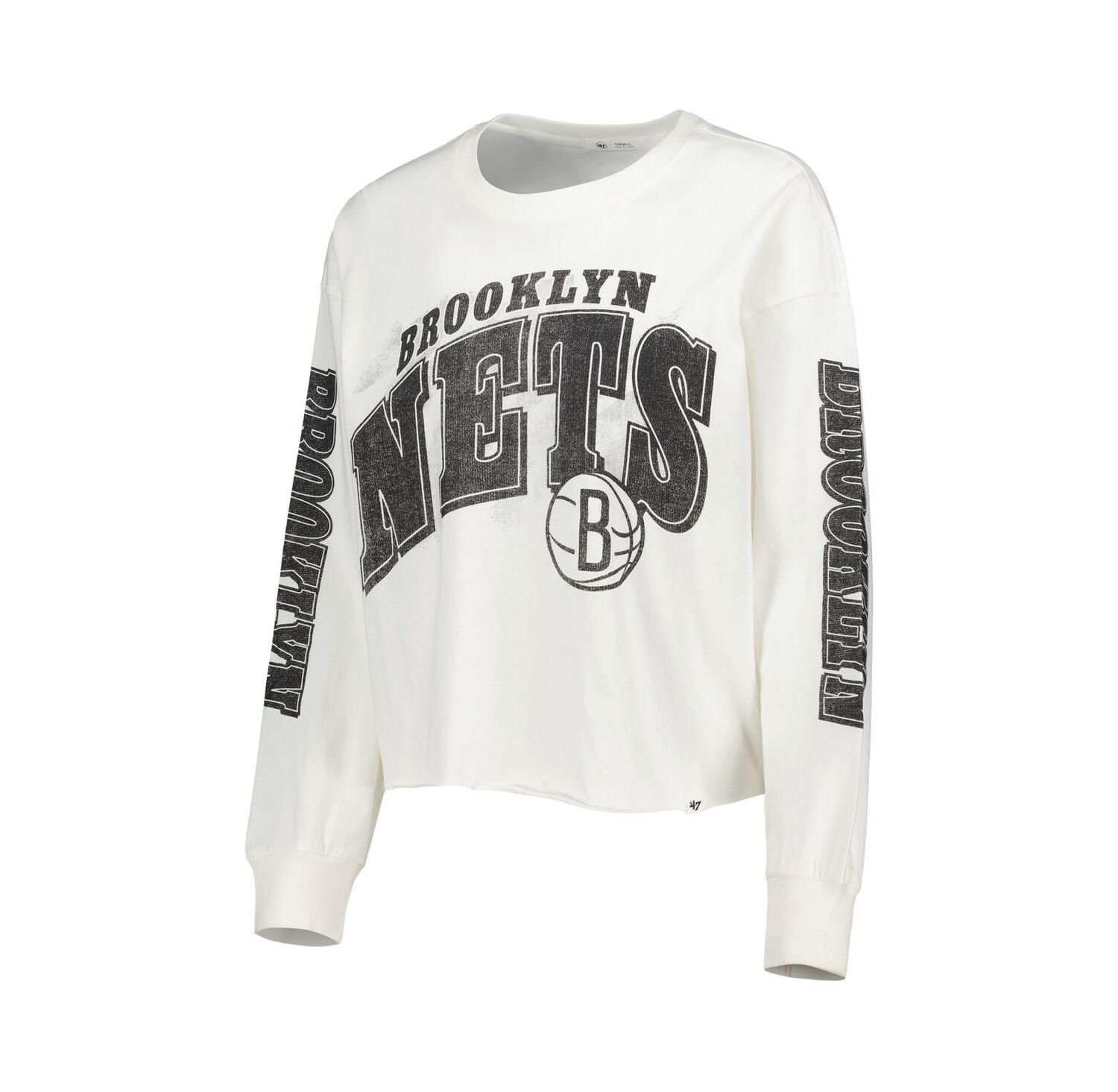 Women's Cream Brooklyn Nets Parkway Brush Back Long Sleeve Cropped T-shirt