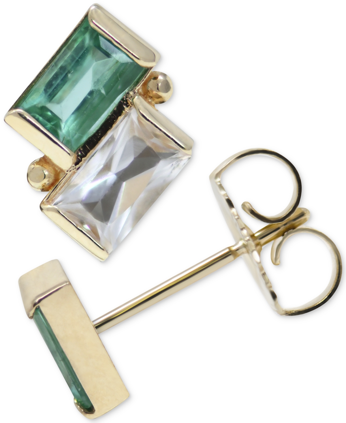 Emerald & White Topaz Two Stone Stud Earrings in 14k Gold - Emerald  White Topaz