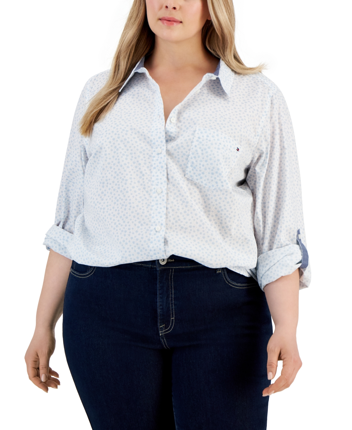 Tommy Hilfiger Plus Size Cotton Printed Roll-tab Shirt In Bright White