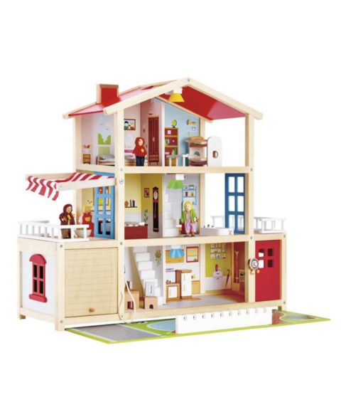 Трёхэтажный деревянный кукольный дом Hape Family Mansion с 4 куклами и мебелью, 3+