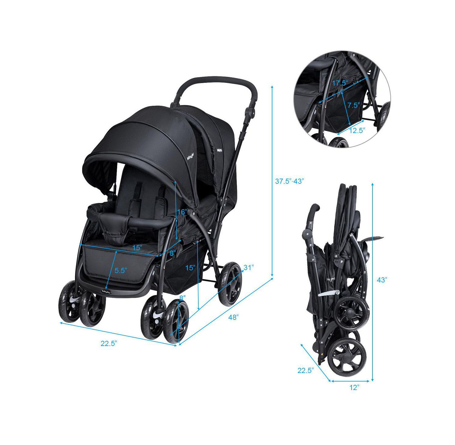 Baby Twin Double Stroller Lightweight Travel Stroller Pushchair