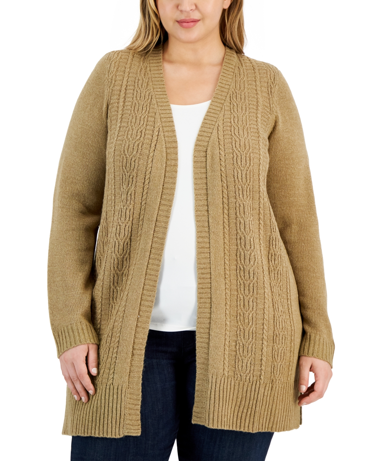 Plus Size Open-Front Duster Cardigan, Created for Macy's - Chestnut Marl
