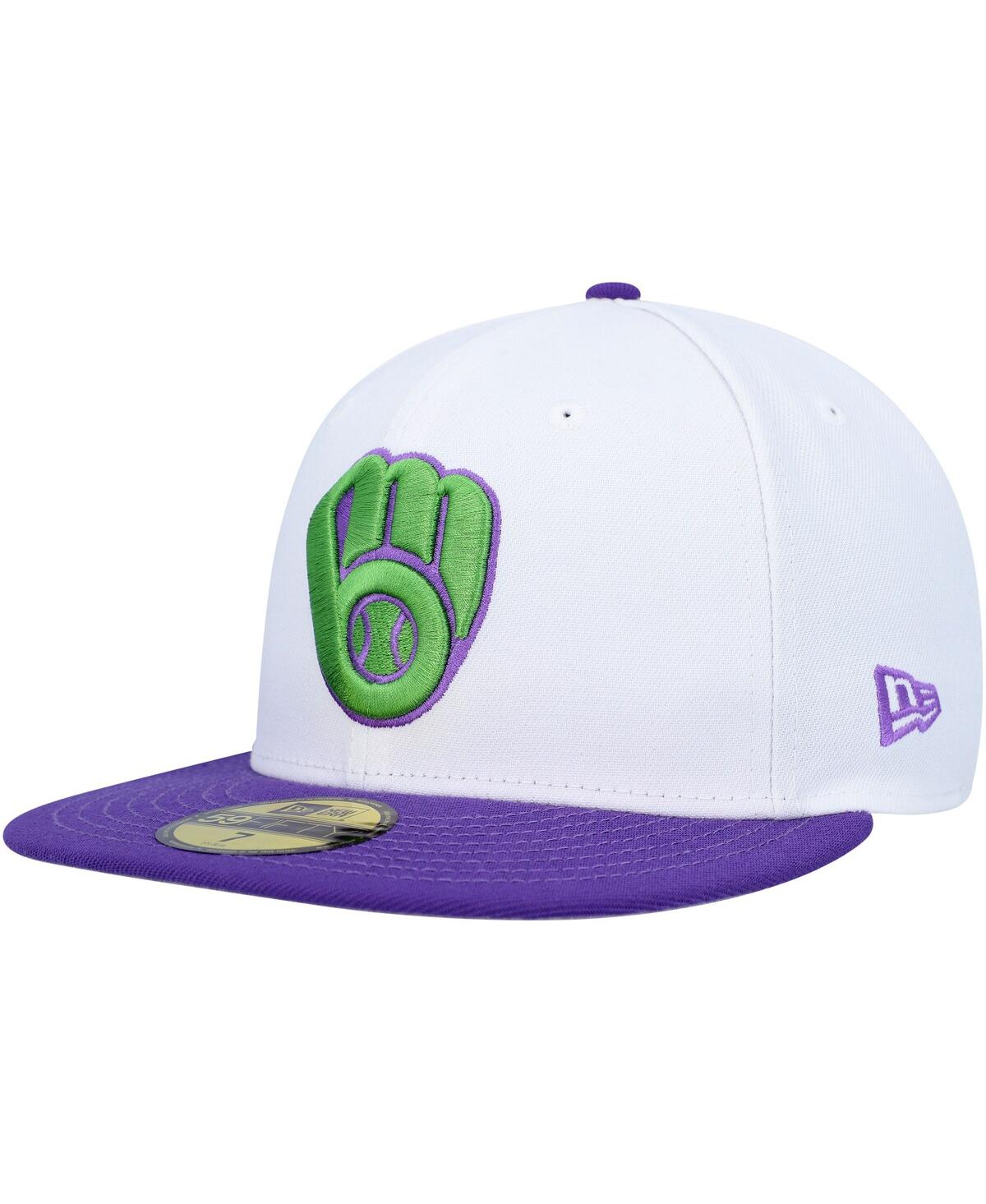 NEW ERA MEN'S NEW ERA WHITE MILWAUKEE BREWERS 50TH ANNIVERSARY SIDE PATCH 59FIFTY FITTED HAT 