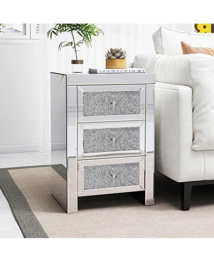 Simplie Fun Mirrored Nightstand, Silver Bedside Tables, Mirrored End