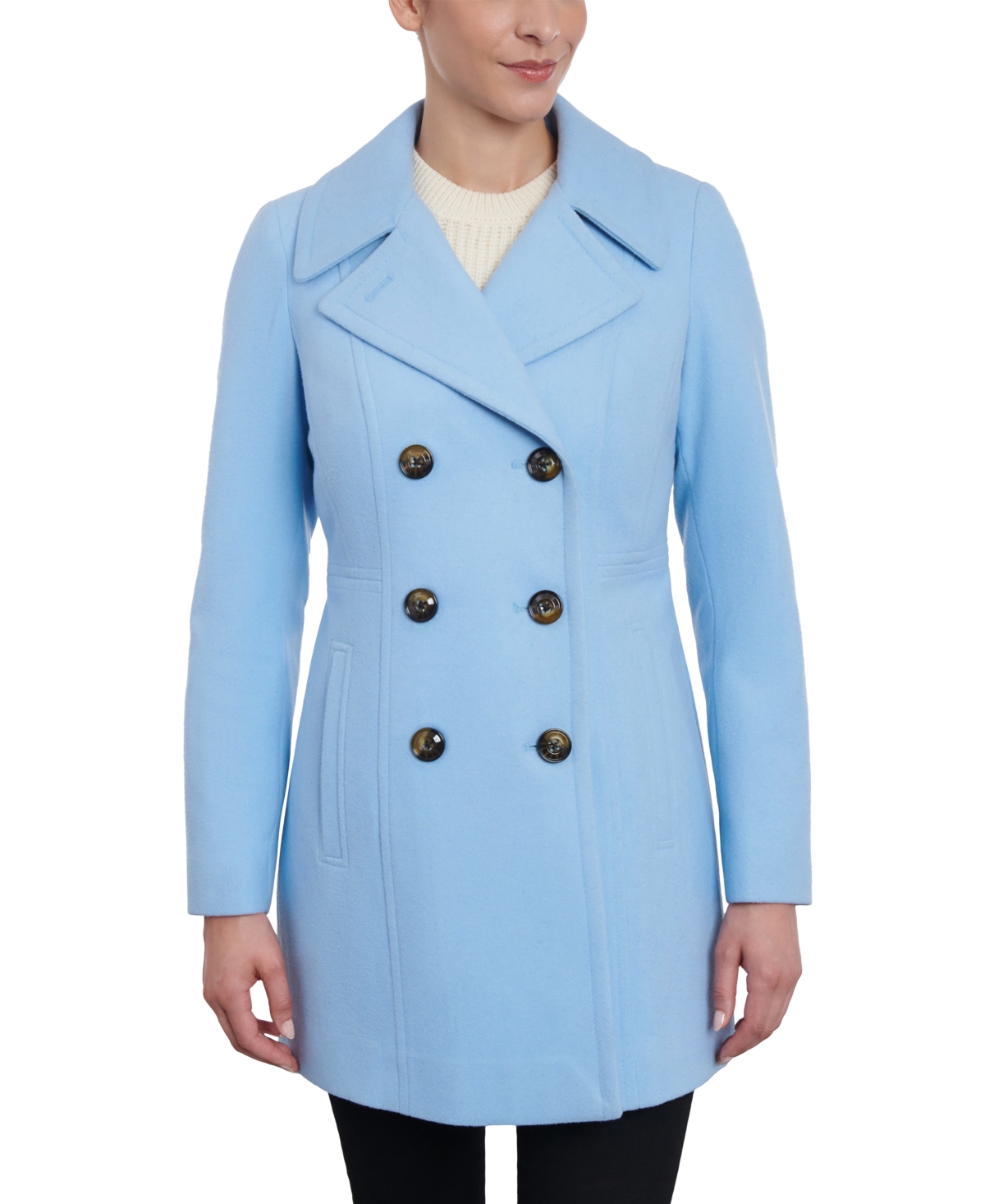 Anne Klein Women's Double-breasted Wool Blend Peacoat, Created For Macy's In Glacial Blue