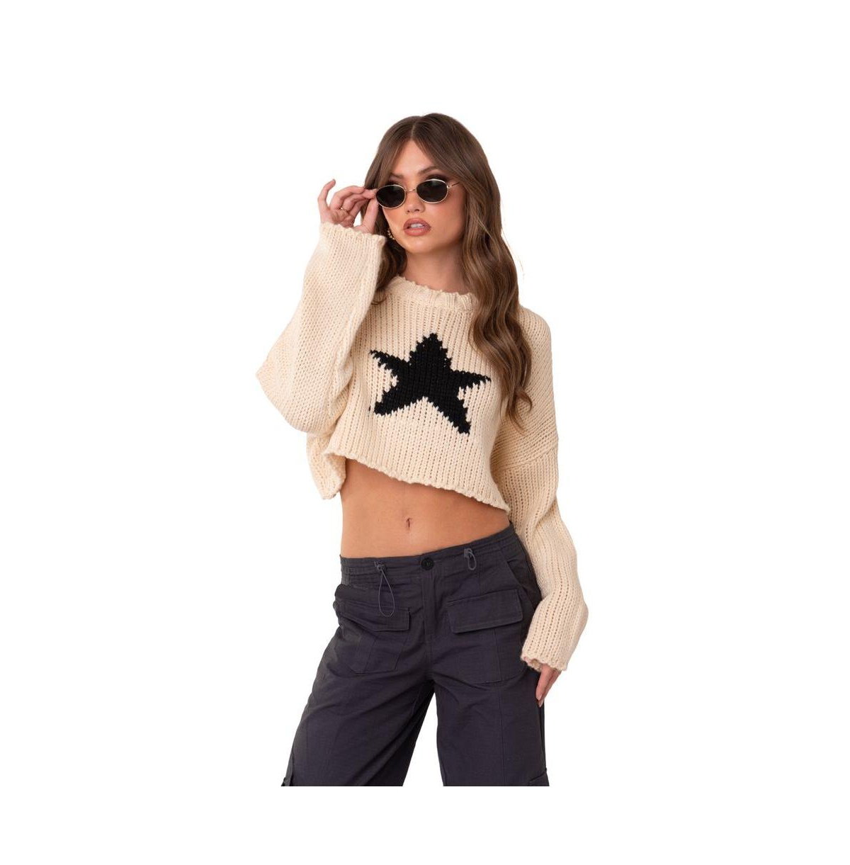 Edikted Mega Star Crop Sweater In Cream