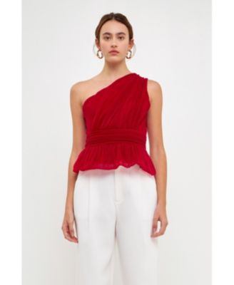 Women's One Shoulder Shirred Tulle Top