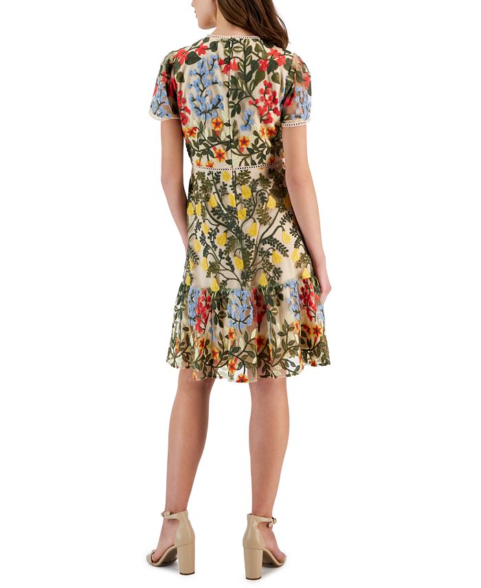 Tahari Petite Embroidered Puff-Shoulder Dress - Macy's