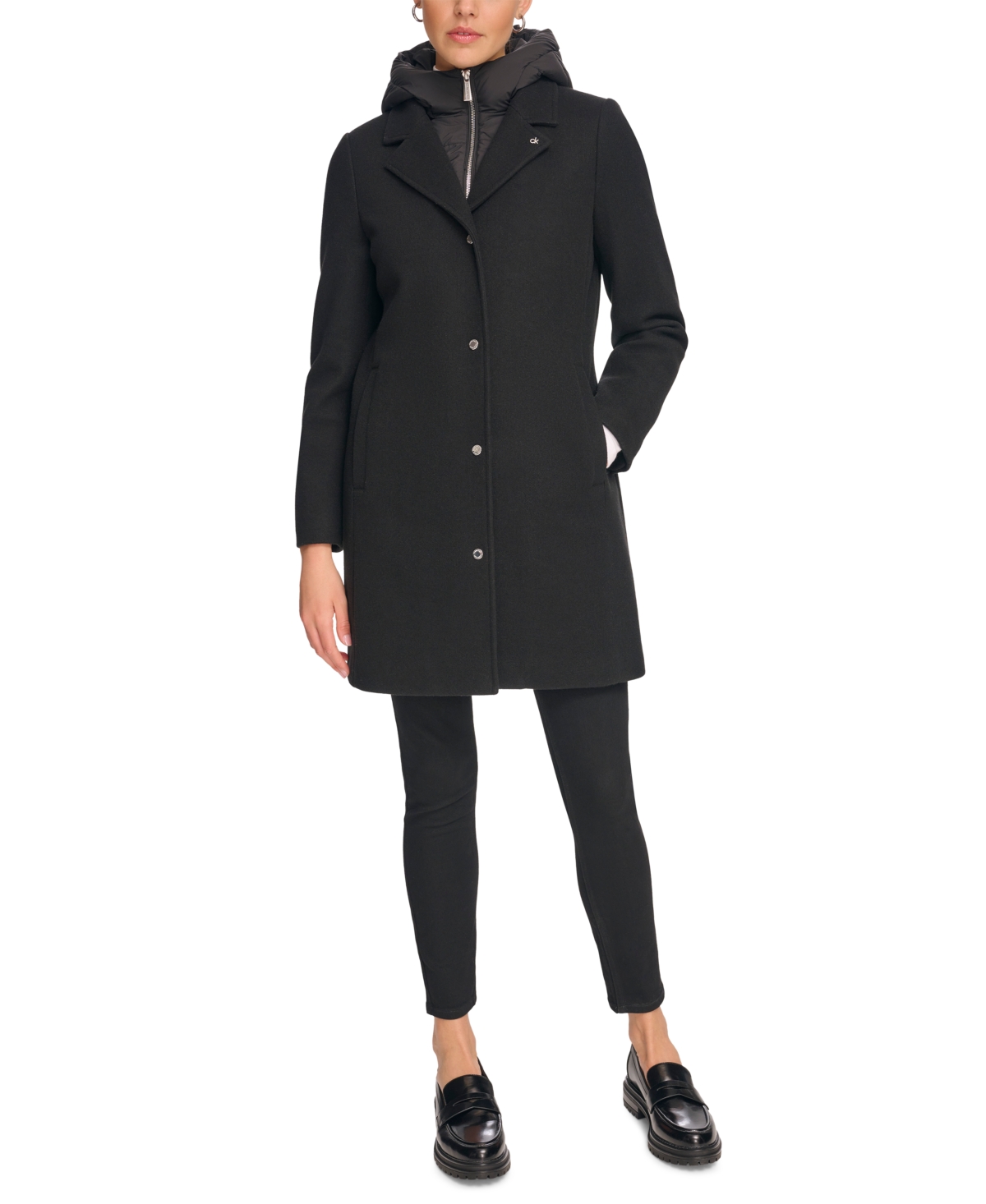 Calvin Klein Women's Hooded Bibbed Mixed Media Coat In Black