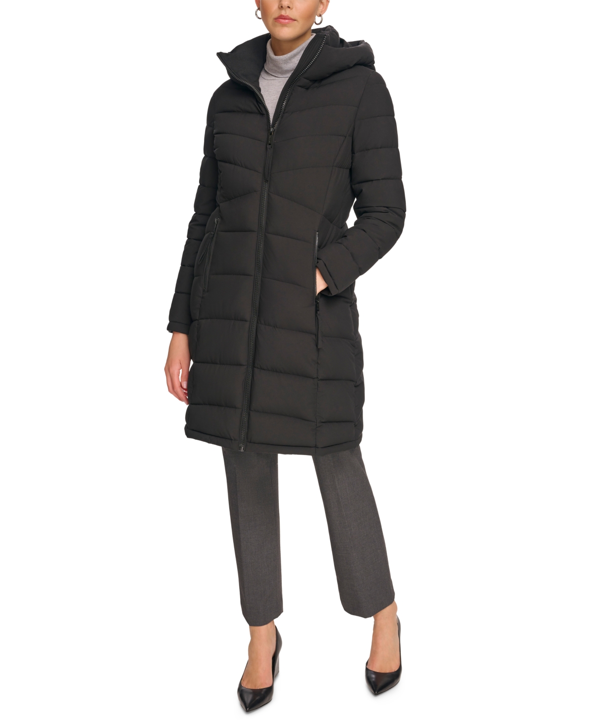 Calvin Klein Women's Hooded Stretch Puffer Coat, Created For Macy's In Black