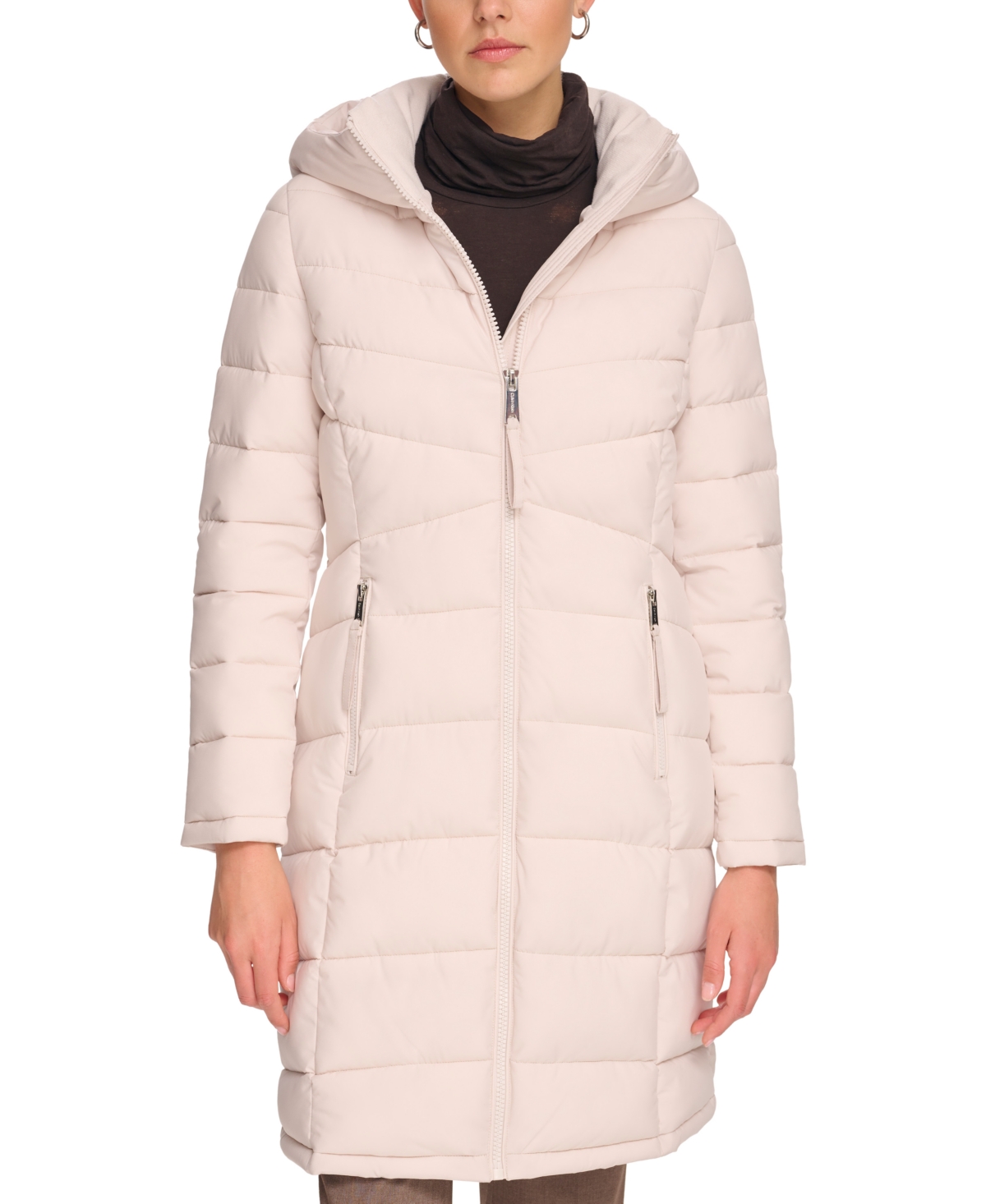 Calvin Klein Women's Hooded Stretch Puffer Coat, Created For Macy's In Oyster
