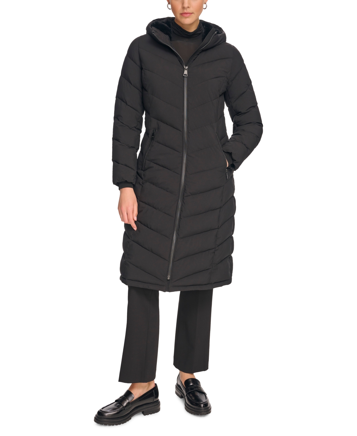 Calvin Klein Women's Stretch Hooded Maxi Puffer Coat In Black