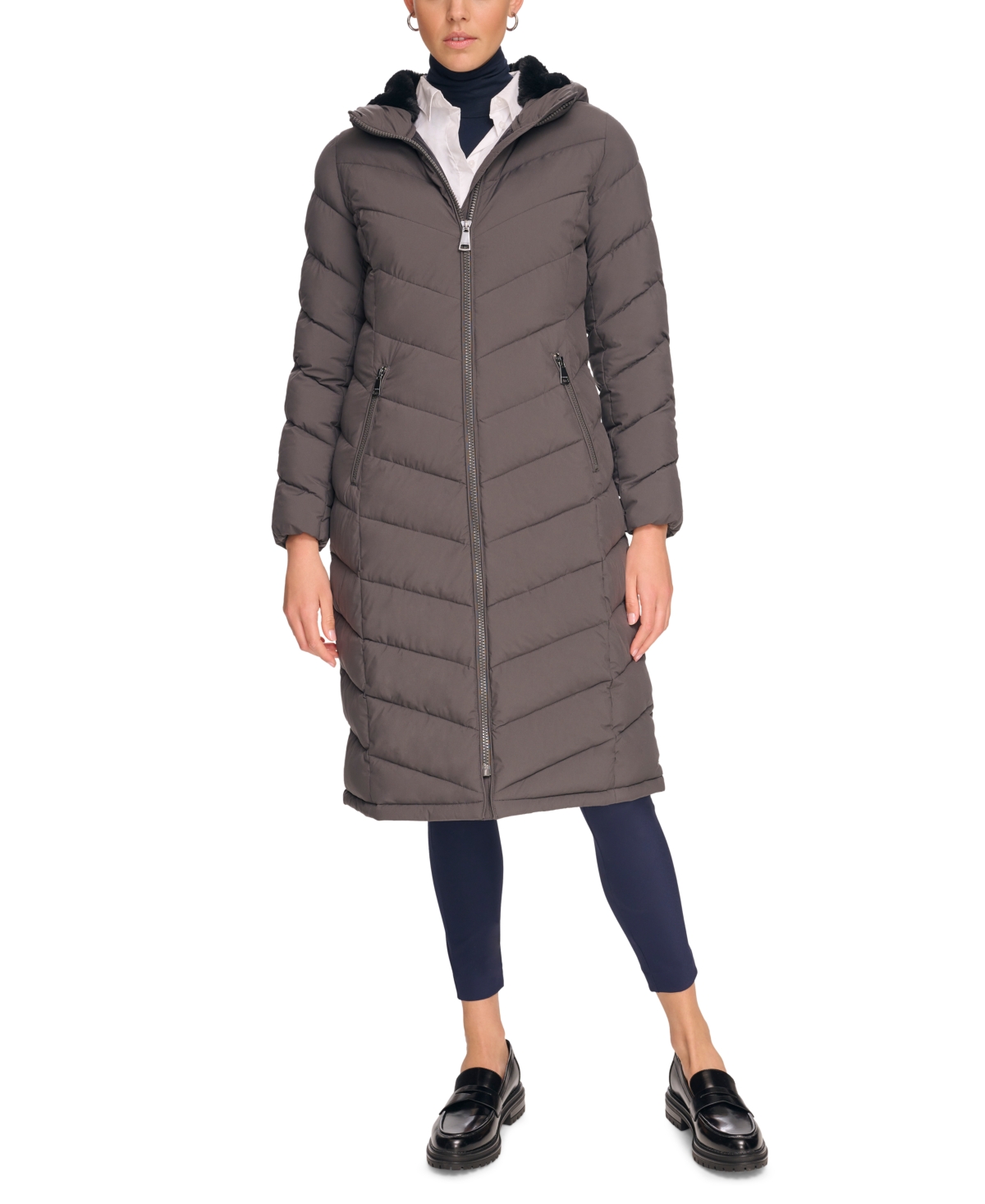 Calvin Klein Women's Stretch Hooded Maxi Puffer Coat In Titanium