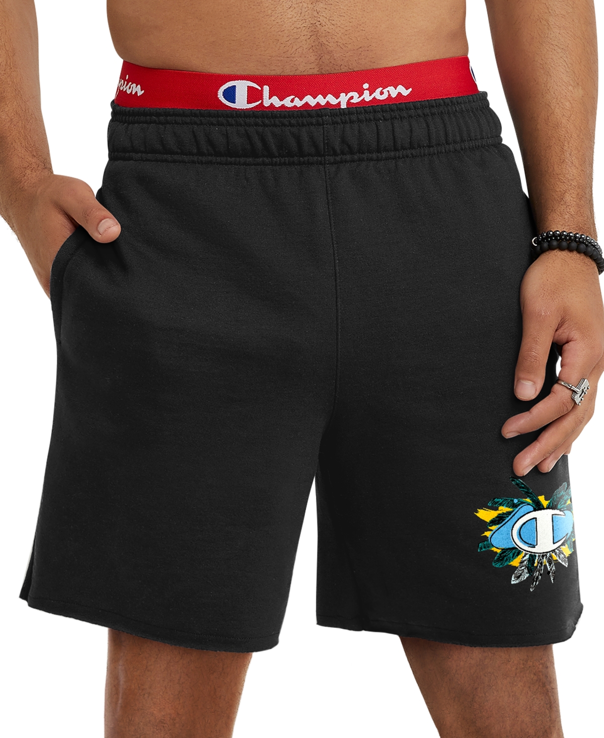 Champion Men's Powerblend Standard-fit Logo-print 7" Fleece Shorts In Black