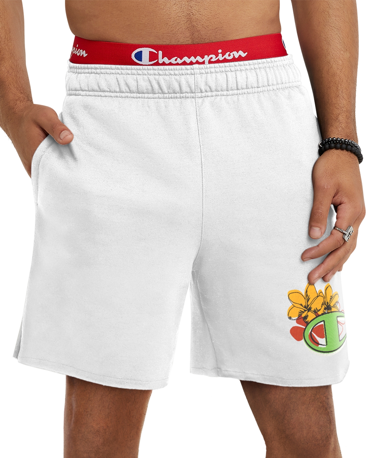Champion Men's Powerblend Standard-fit Logo-print 7" Fleece Shorts In White