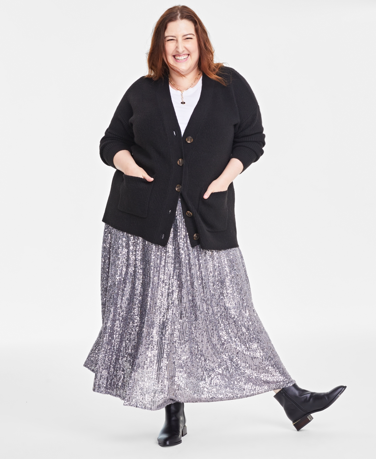 On 34th Plus Size Long Patch Pocket Cardigan, Created For Macy's In Deep Black