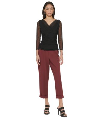 DKNY Women's Mesh Long-Sleeve Faux-Wrap Top