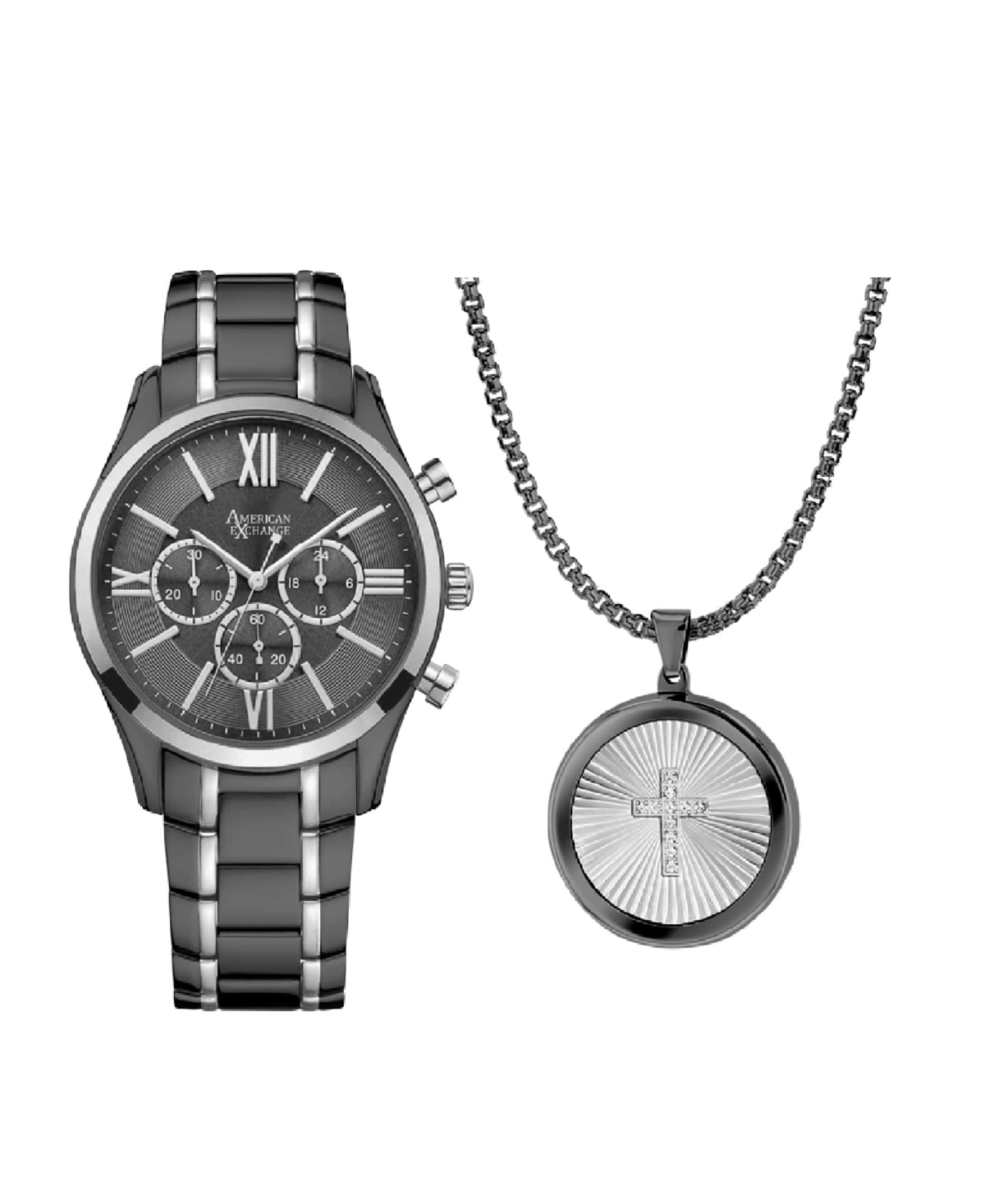 Men's Analog, Three-Hand Quartz Shiny Two Tone Bracelet Watch 43mm Gift Set - Shiny Gunmetal, Silver