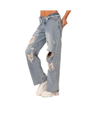 Women's Foldover Waist Jeans With Row Hem And Distressed Details