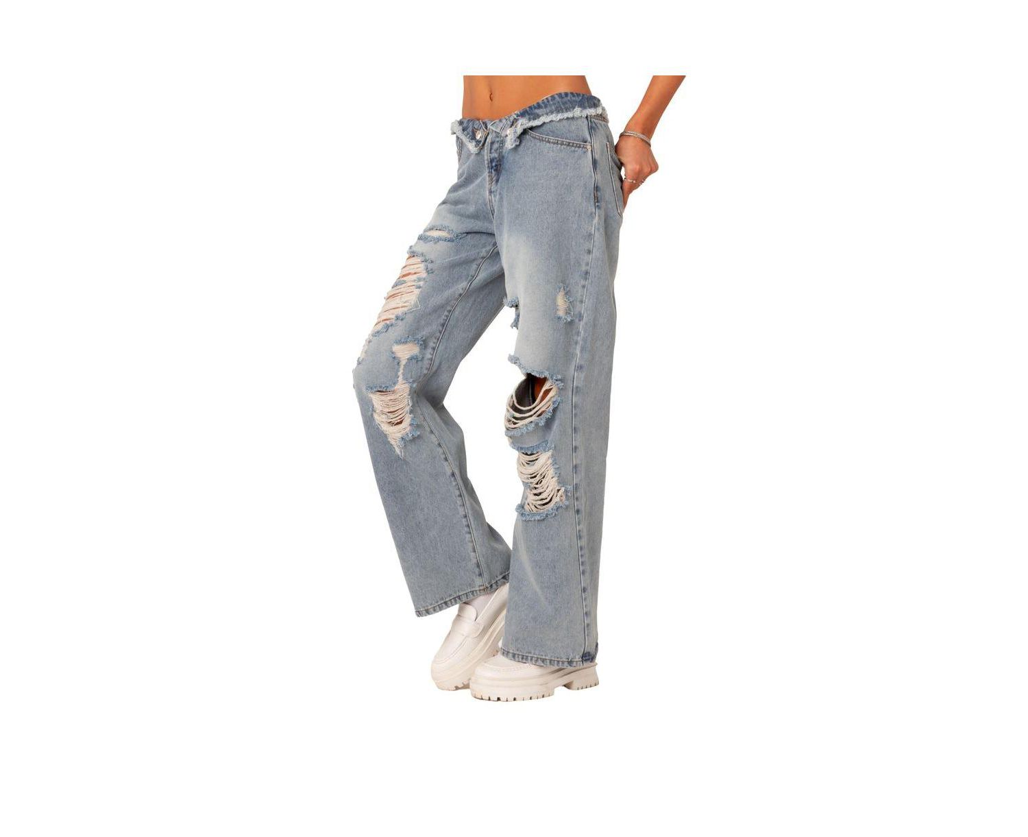 Women's Foldover Waist Jeans With Row Hem And Distressed Details