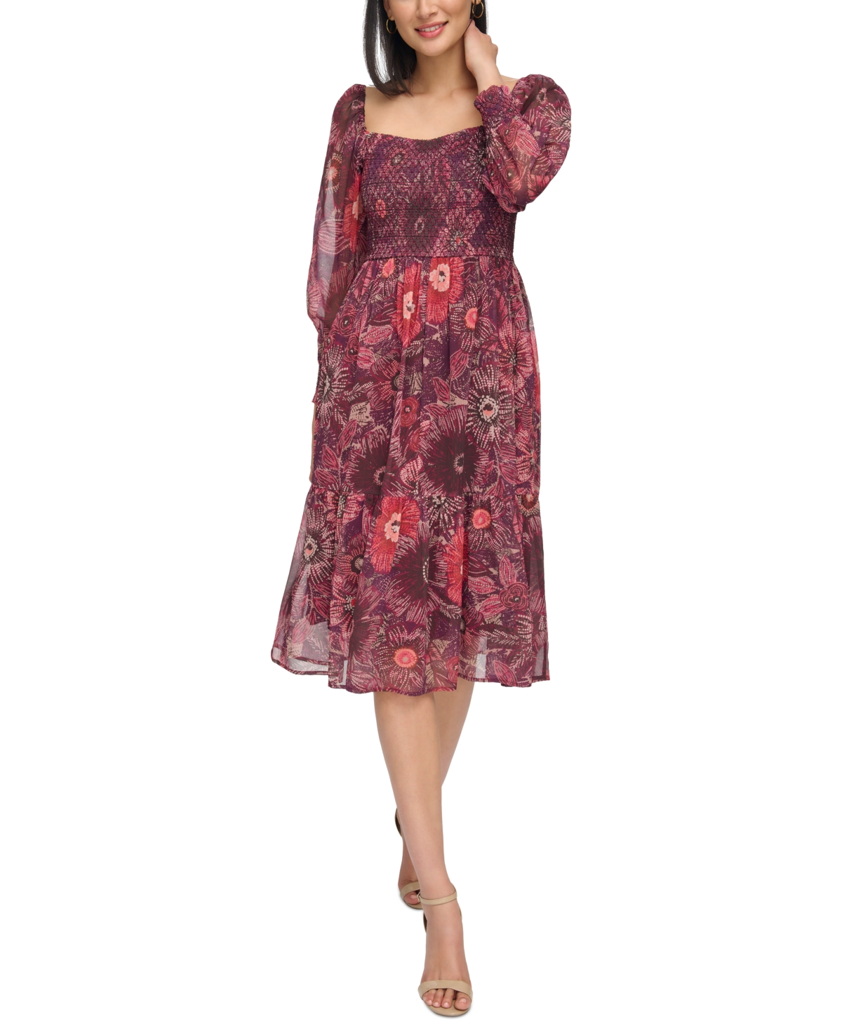 Vince Camuto Women's Floral-print Smocked Midi Dress In Berry