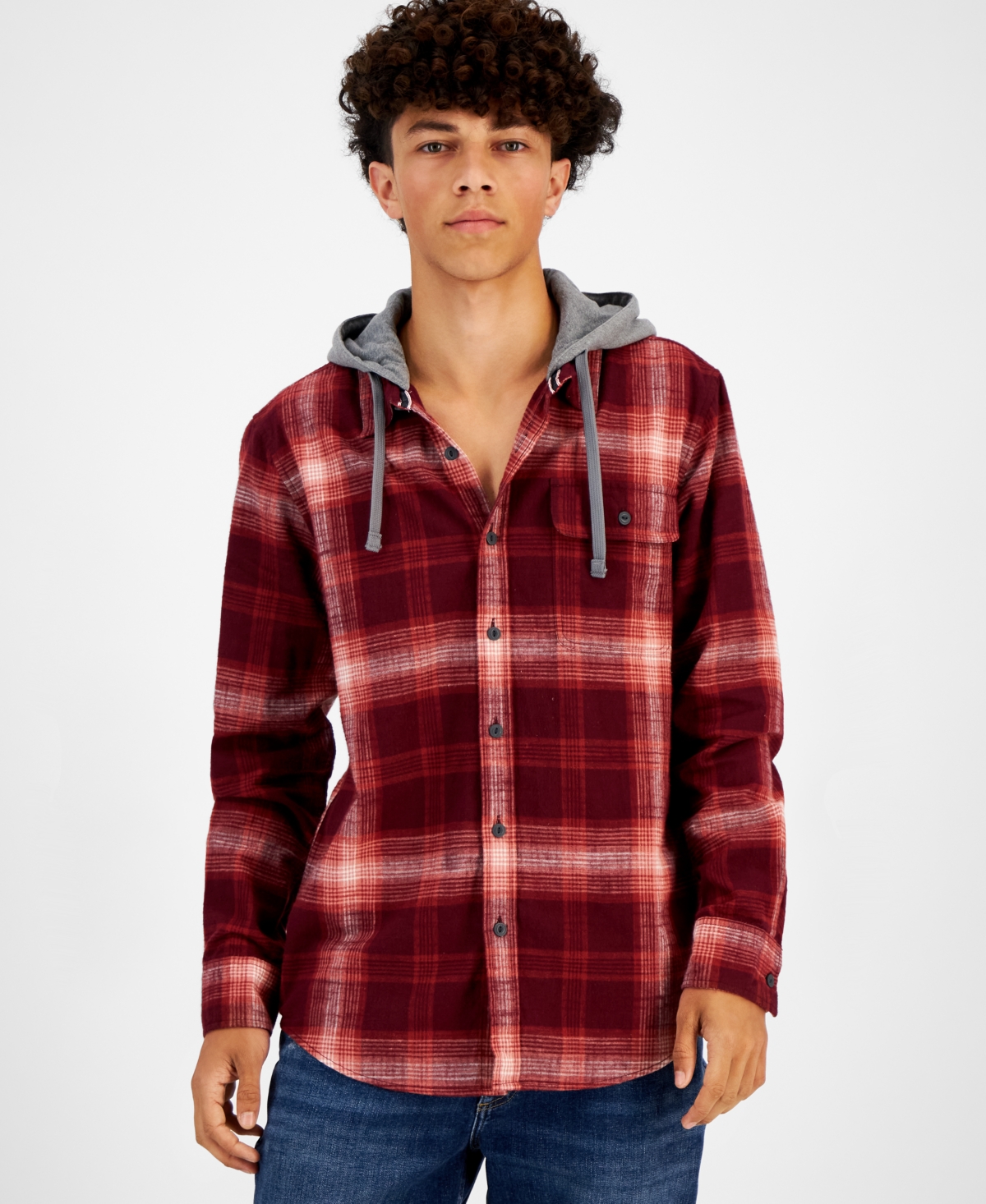 Men's Andrew Plaid Hooded Flannel Shirt, Created for Macy's - Dark Scarlet